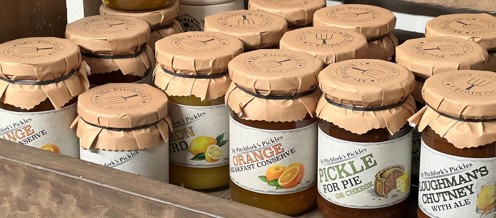 Jars of pickles and jams from Cropwell Farm Shop