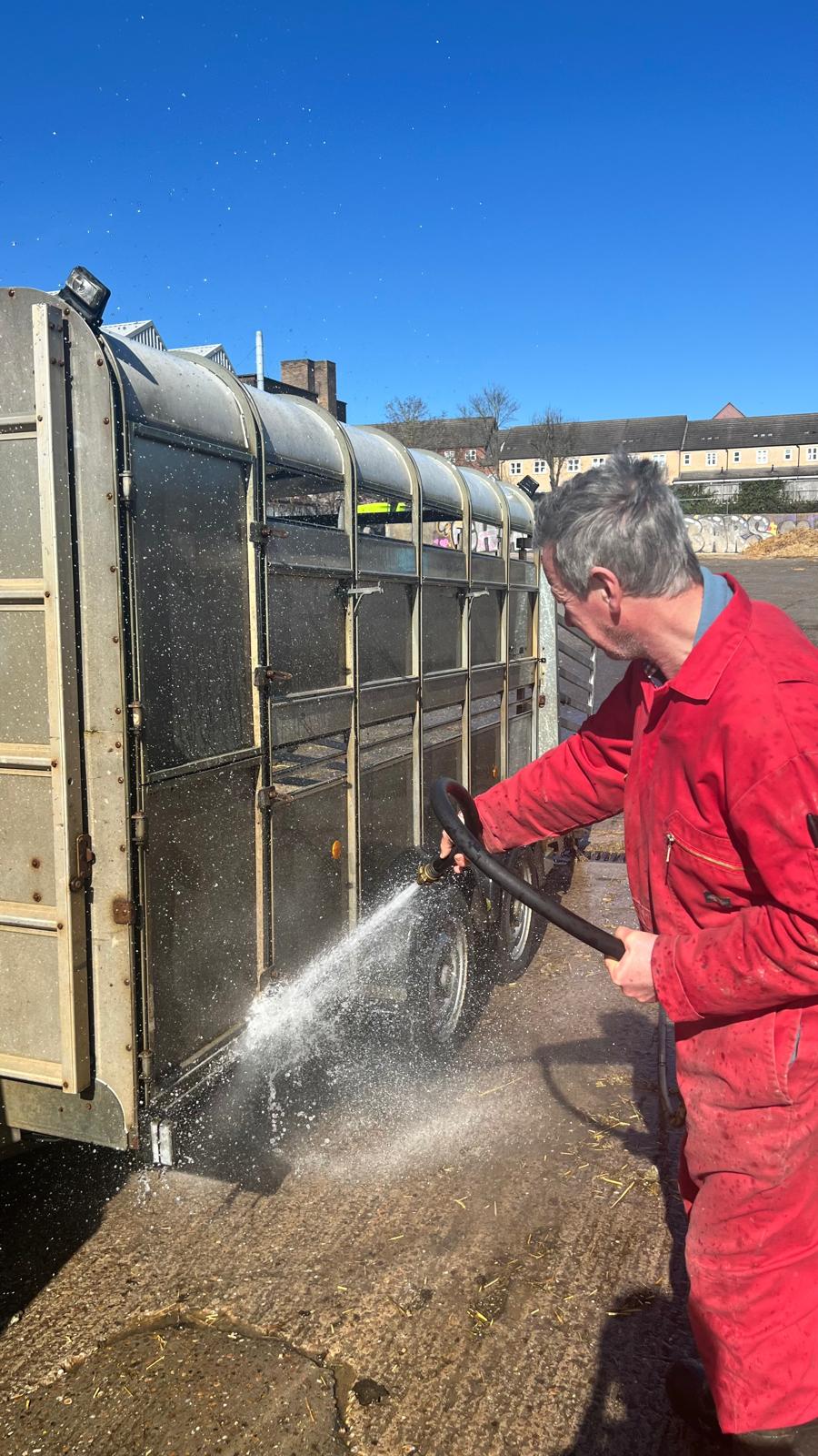 Steve cleaning the livestock trailer
