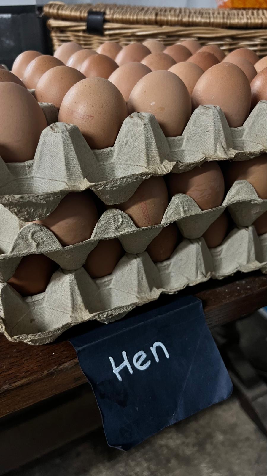 Trays of hen eggs in the shop with a handwritten label