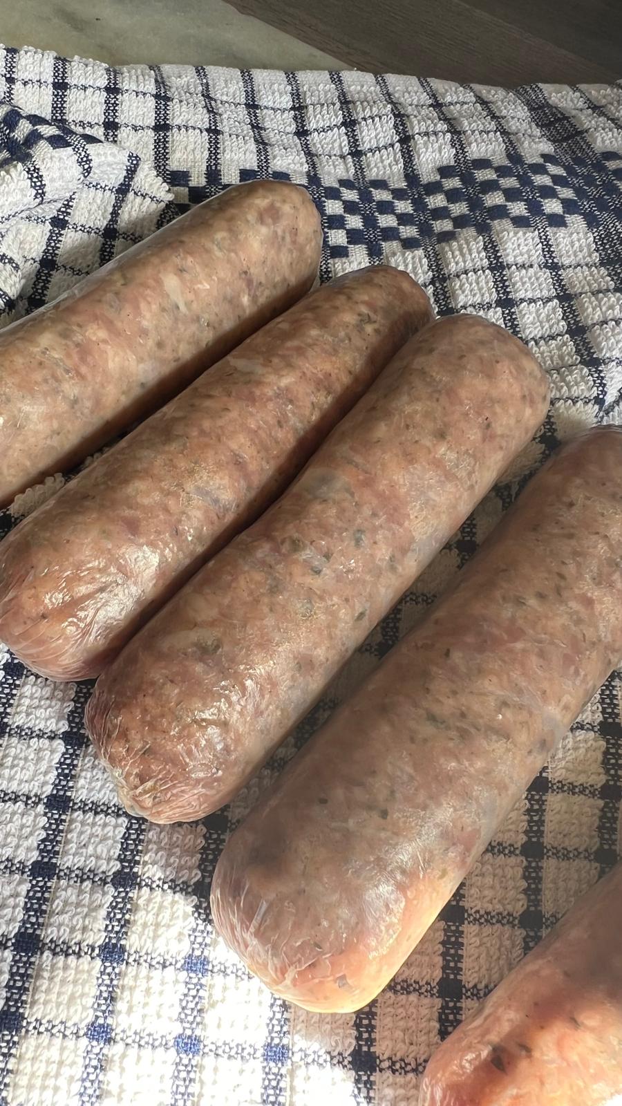 Close-up of large farm-made sausages